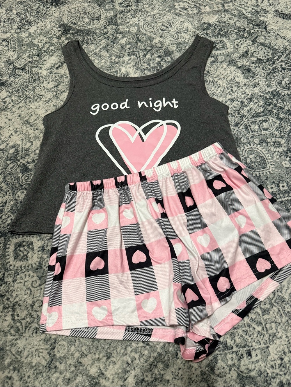 Girls' Pink & Charcoal 'Good Night' Heart Pajama Set